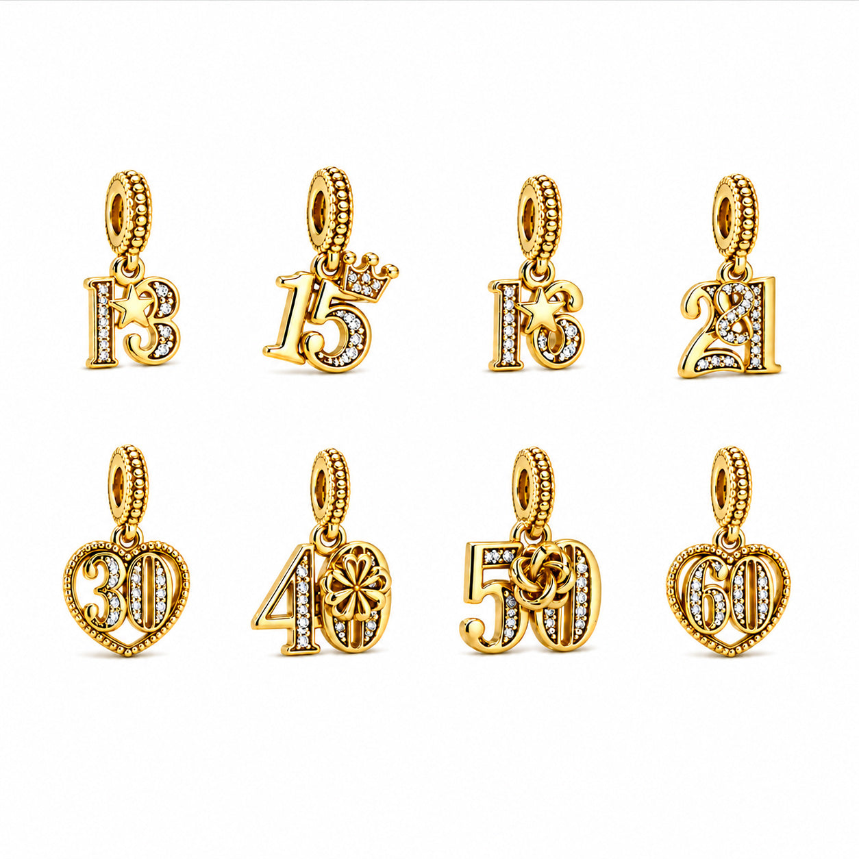 Gold Plated 13th 15th, 16th, 21st, 30th, 40th, 50th, 60th Birthday Dangle S925 Sterling Silver Charms