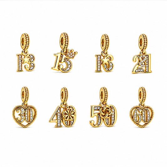Gold Plated 13th 15th, 16th, 21st, 30th, 40th, 50th, 60th Birthday Dangle S925 Sterling Silver Charms