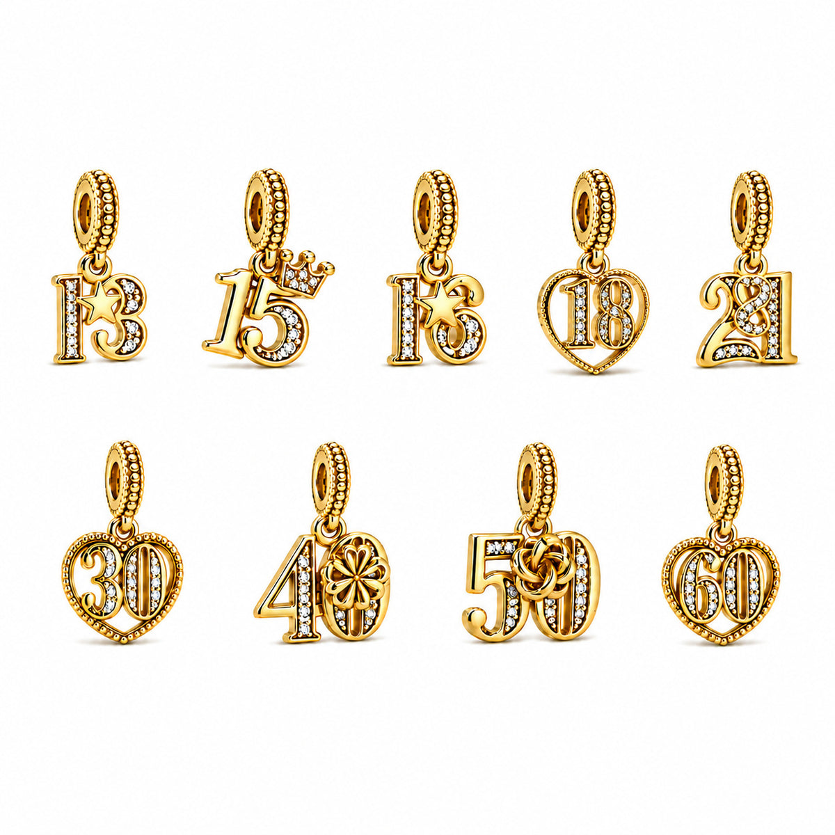 Gold Plated 13th 15th, 16th, 18th, 21st, 30th, 40th, 50th, 60th Birthday Dangle S925 Sterling Silver Charm