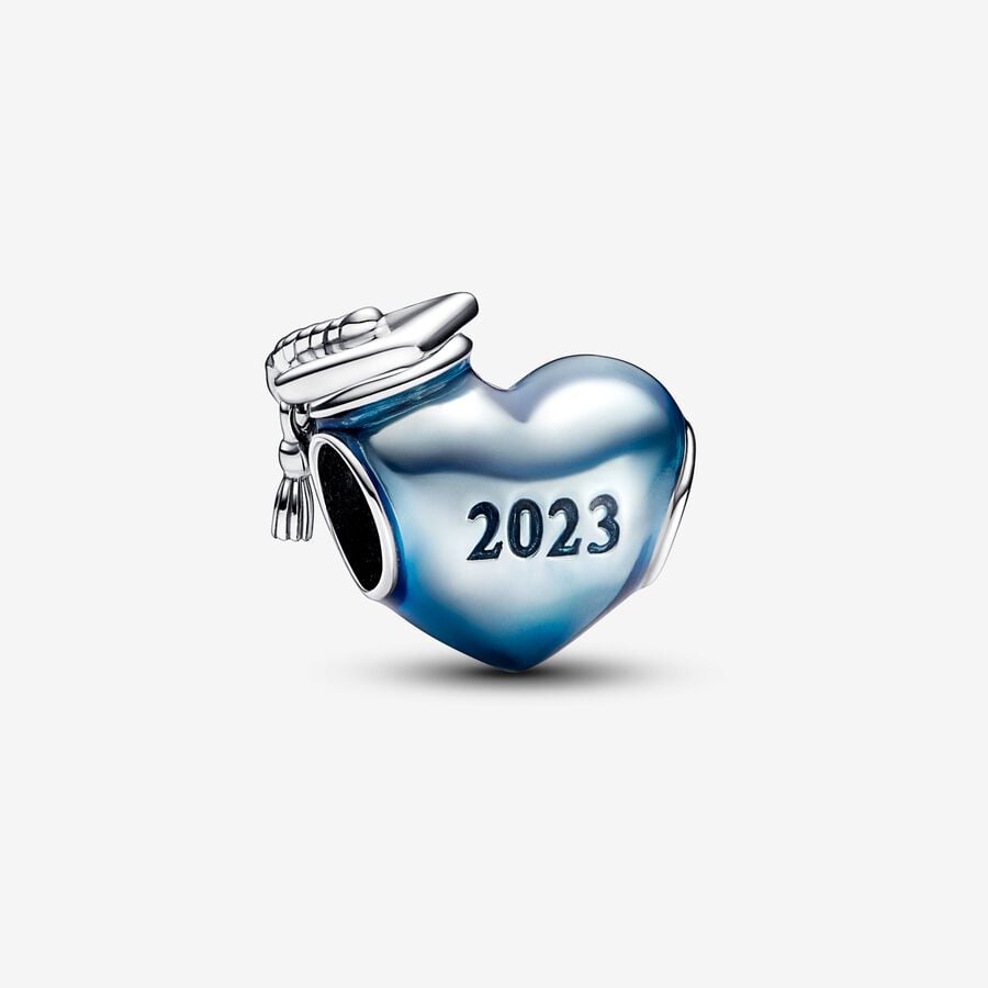 Blue 2023 Graduation Heart Charm Hallmarked S925 Sterling Silver