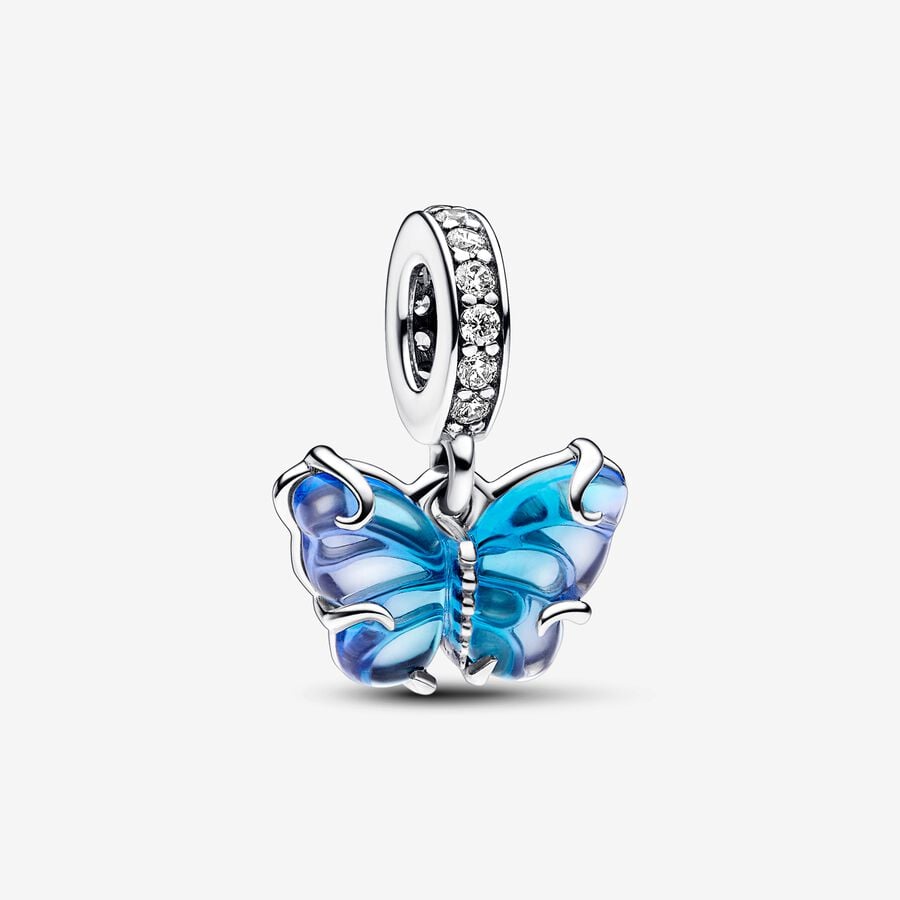 Blue Murano Glass Butterfly Dangle Charm Hallmarked S925 Sterling Silver