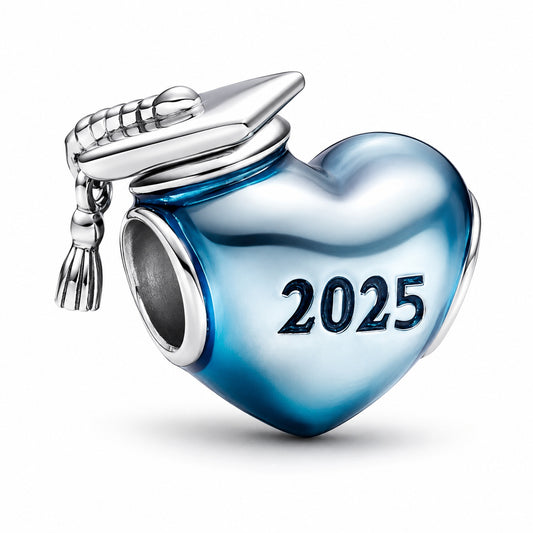 Blue 2025 Graduation Heart Charm Hallmarked S925 Sterling Silver