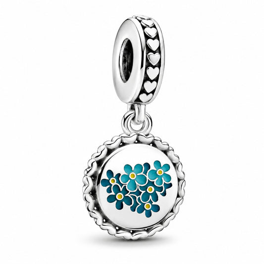 Blue Forget Me Not Flower Dangle Charm Hallmarked S925 Sterling Silver
