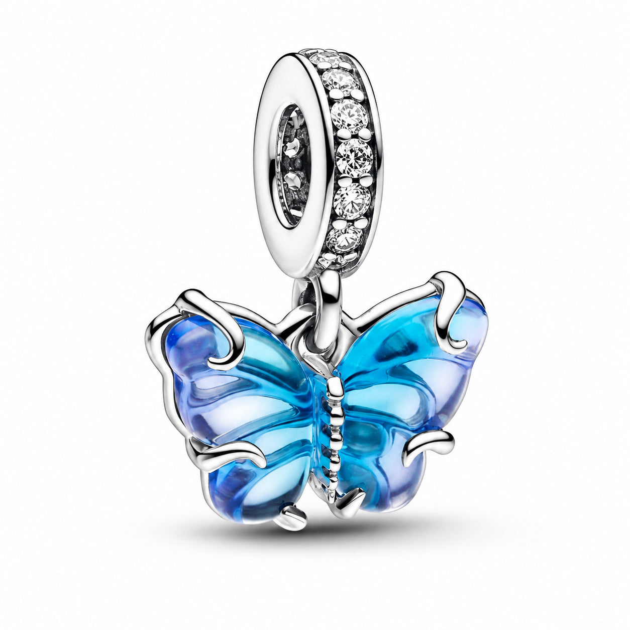 Blue Murano Glass Butterfly Dangle Charm S925 Sterling Silver