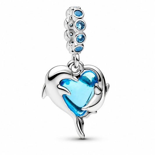 Blue Murano Glass Dolphins Dangle Charm Hallmarked S925 Sterling Silver