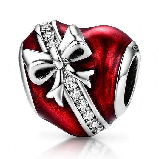 Bow Red Heart Charm Hallmarked S925 Sterling Silver