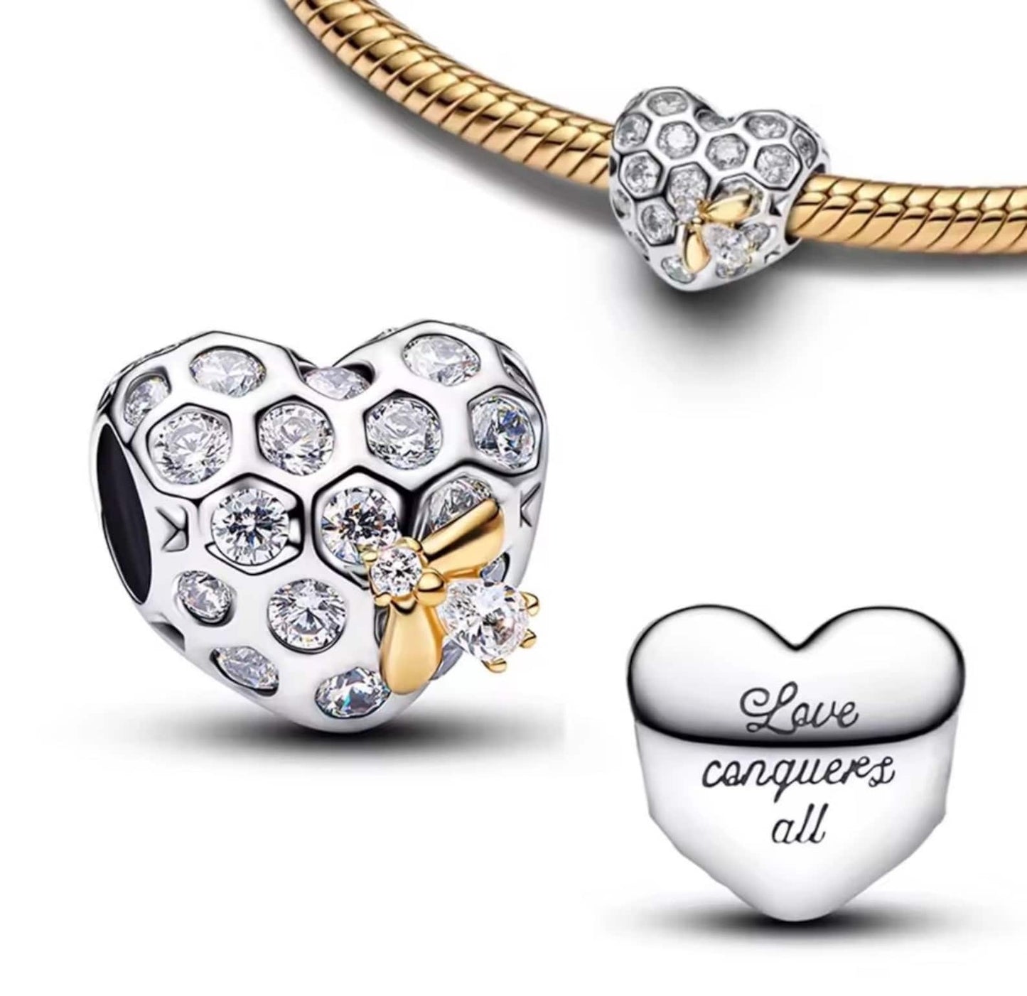 Bridgerton Honeycomb & Bee Heart Dangle Charm Hallmarked S925 Sterling Silver