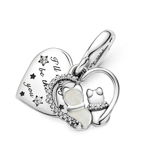 Cats & Heart Double Dangle Charm Hallmarked S925 Sterling Silver