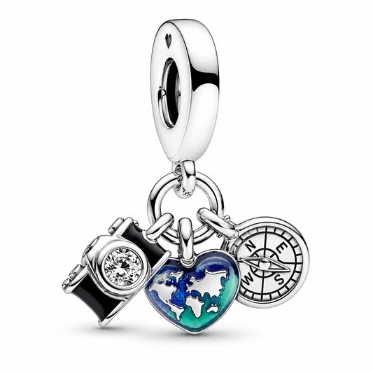 Camera, Heart & Compass Triple Dangle Charm S925 Sterling Silver