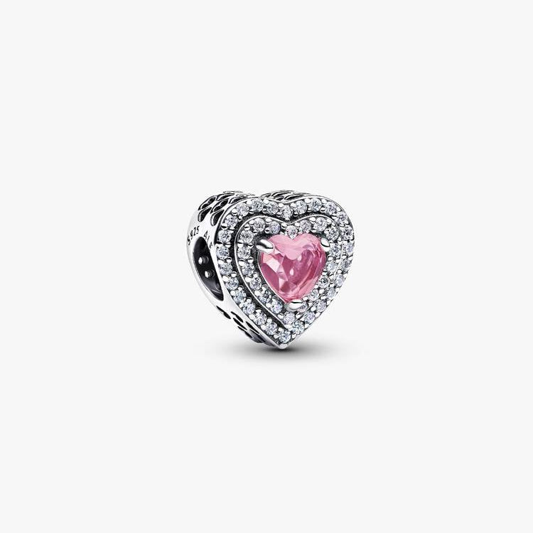 Pink Sparkling Levelled Hearts Charm Hallmarked S925 Sterling Silver