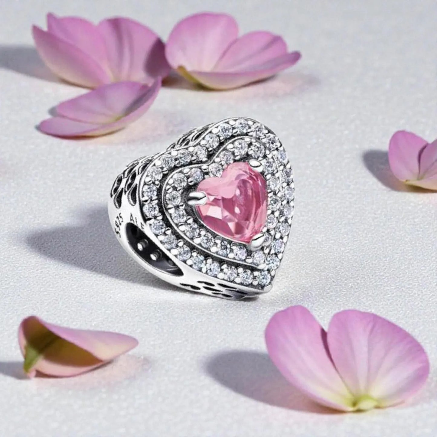 Pink Sparkling Levelled Hearts Charm Hallmarked S925 Sterling Silver