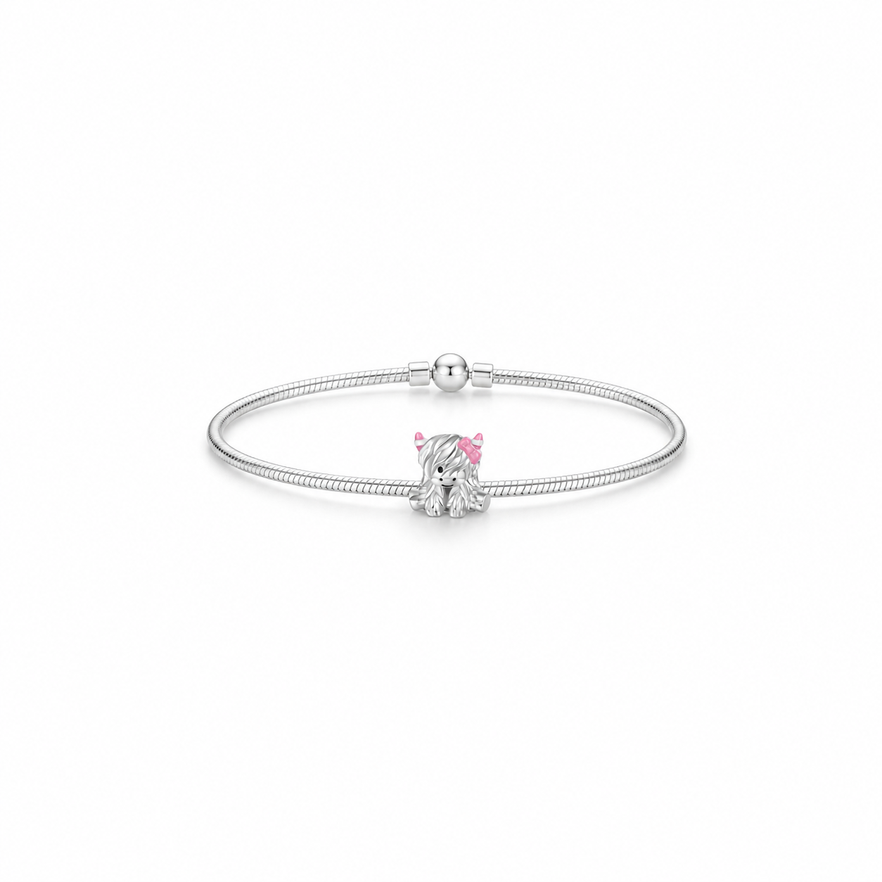 Pink Bow Highland Cow Charm Hallmarked S925 Sterling Silver