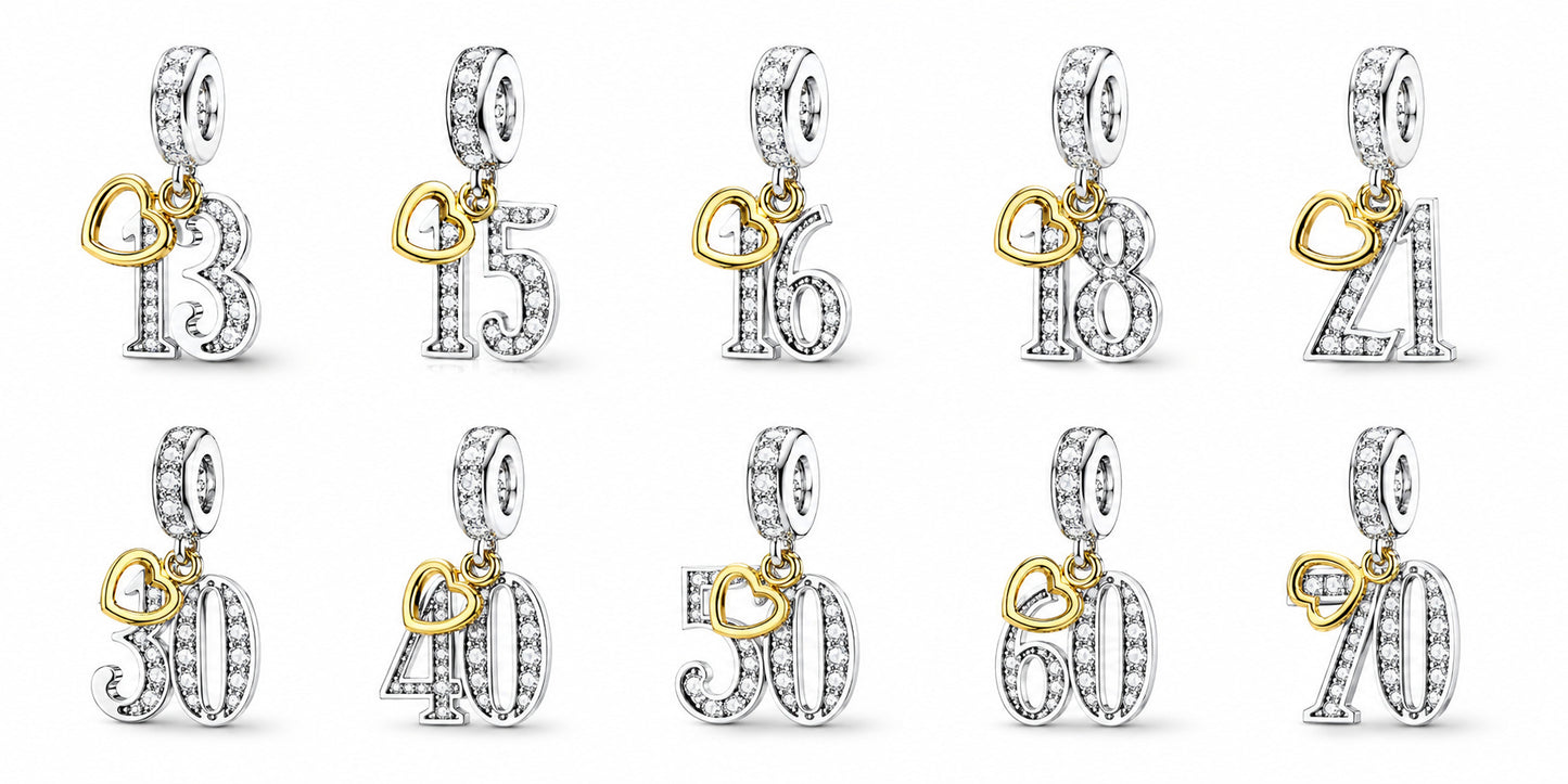 13th, 16th, 21st, 30th, 40th, 50th, 60th, 70th Gold Tag Birthday Dangle S925 Sterling Silver Charms