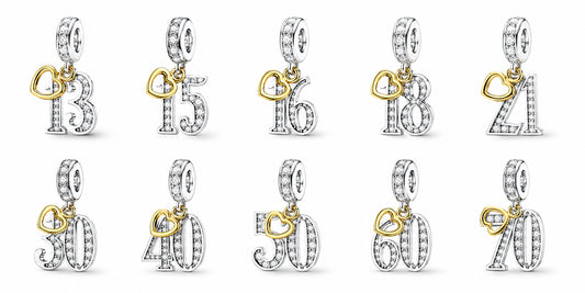 13th, 16th, 21st, 30th, 40th, 50th, 60th, 70th Gold Tag Birthday Dangle S925 Sterling Silver Charms