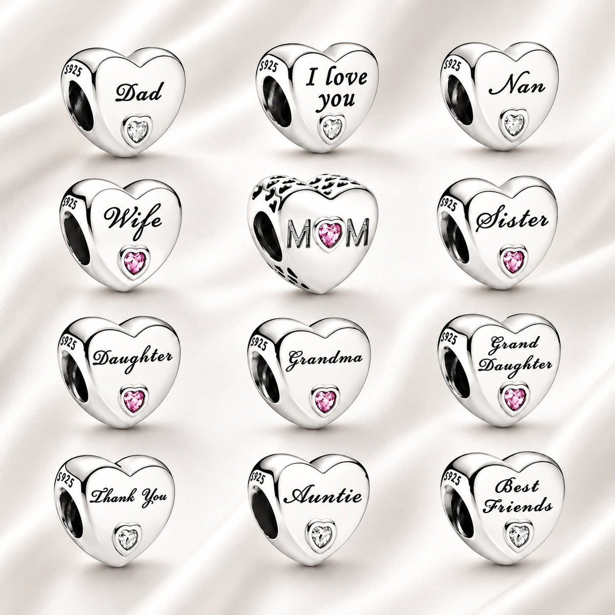 Family Hearts Bracelet Charm Hallmarked S925 Sterling Silver