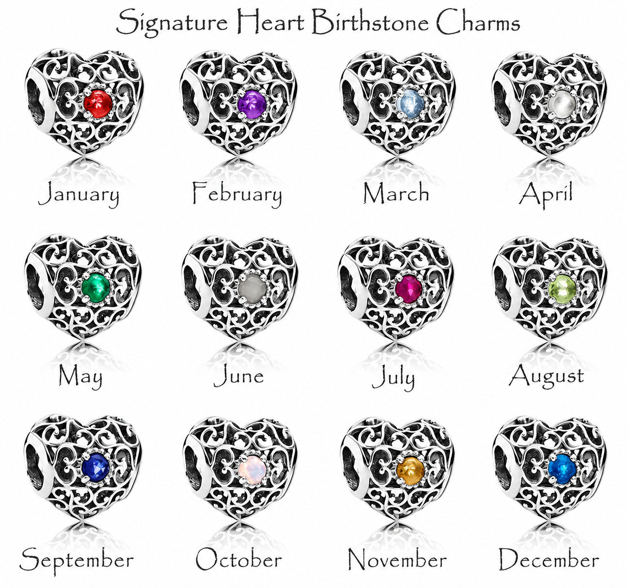 S925 Signature Heart Birthstone Months Charms Collection