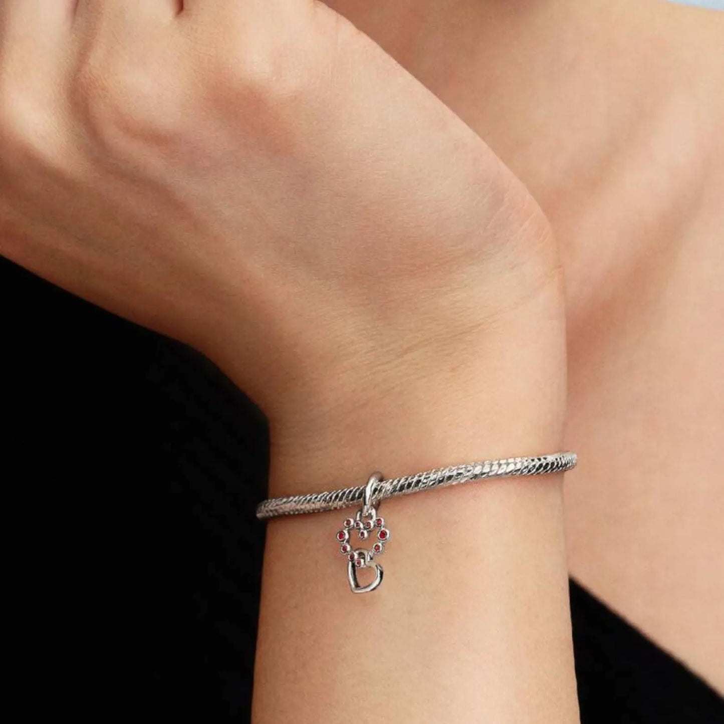 Connected Hearts & Red Stones Dangle Charm Hallmarked S925 Sterling Silver