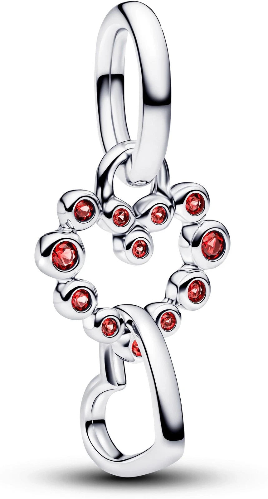 Connected Hearts & Red Stones Dangle Charm Hallmarked S925 Sterling Silver