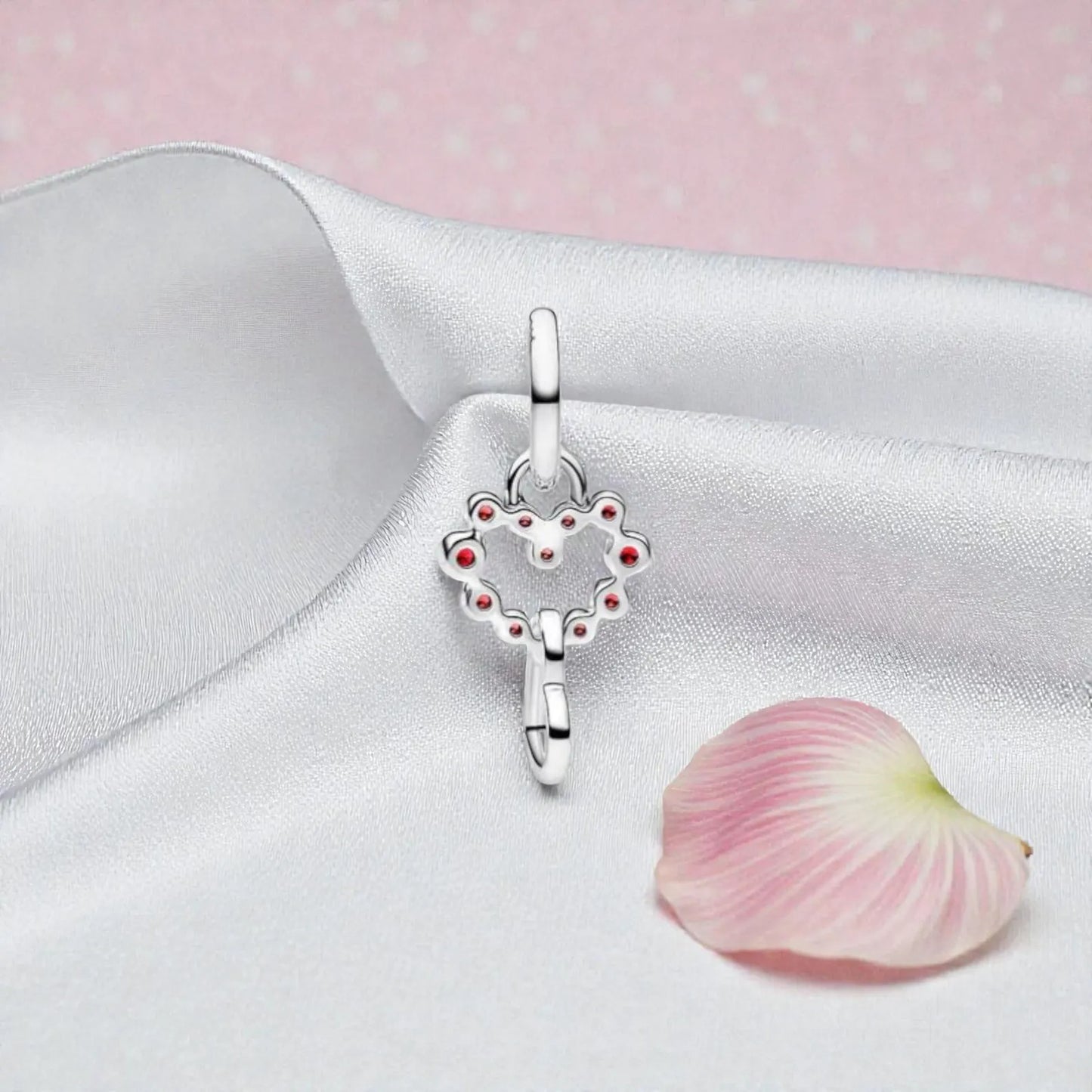 Connected Hearts & Red Stones Dangle Charm Hallmarked S925 Sterling Silver