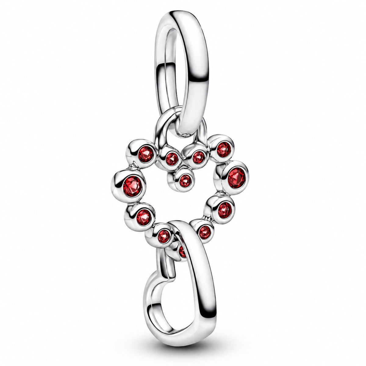 Connected Hearts & Red Stones Dangle Charm S925 Sterling Silver