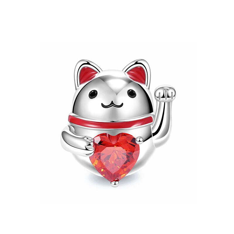 Cute Cat & Red Jewel Heart Charm Hallmarked S925 Sterling Silver