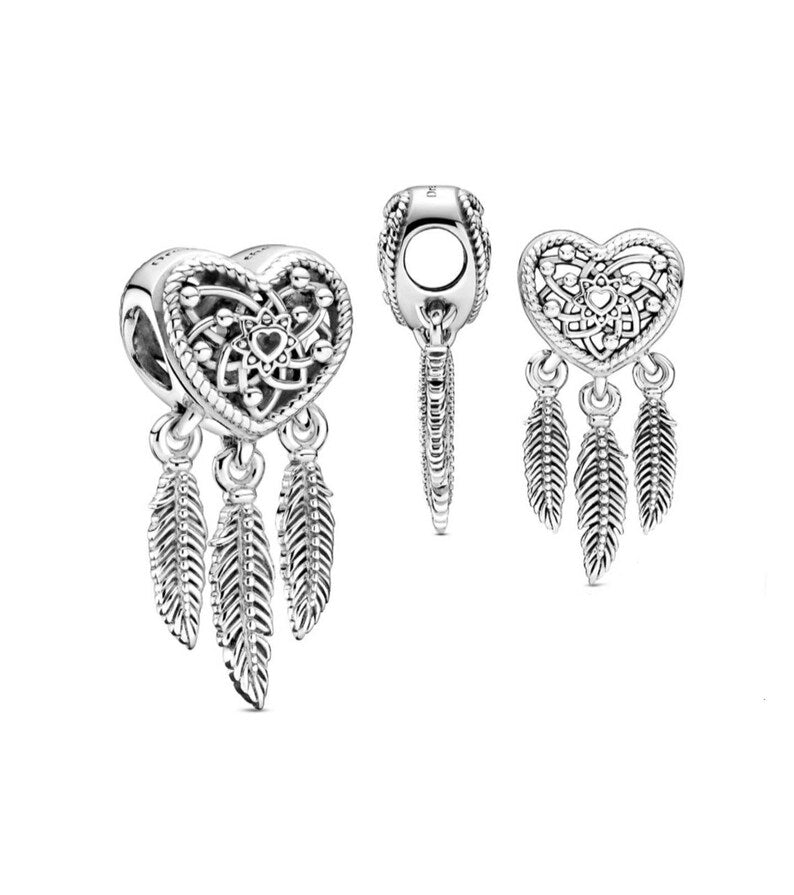 Heart Feather Dreamcatcher Charm Hallmarked S925 Sterling Silver