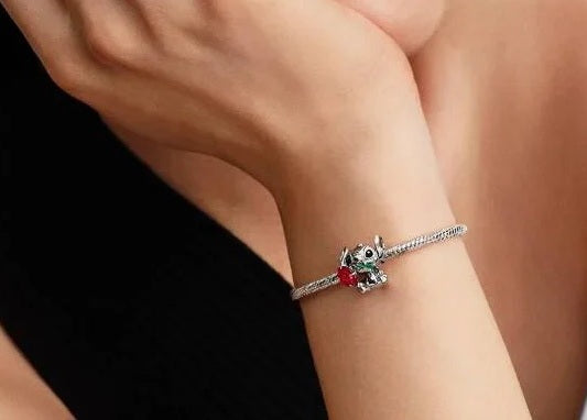 Disney Stitch Rose Murano Glass Charm Hallmarked S925 Sterling Silver