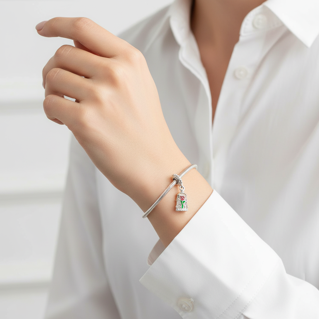 Disney Beauty & Beast Enchanted Rose Dangle Charm Hallmarked S925 Sterling Silver