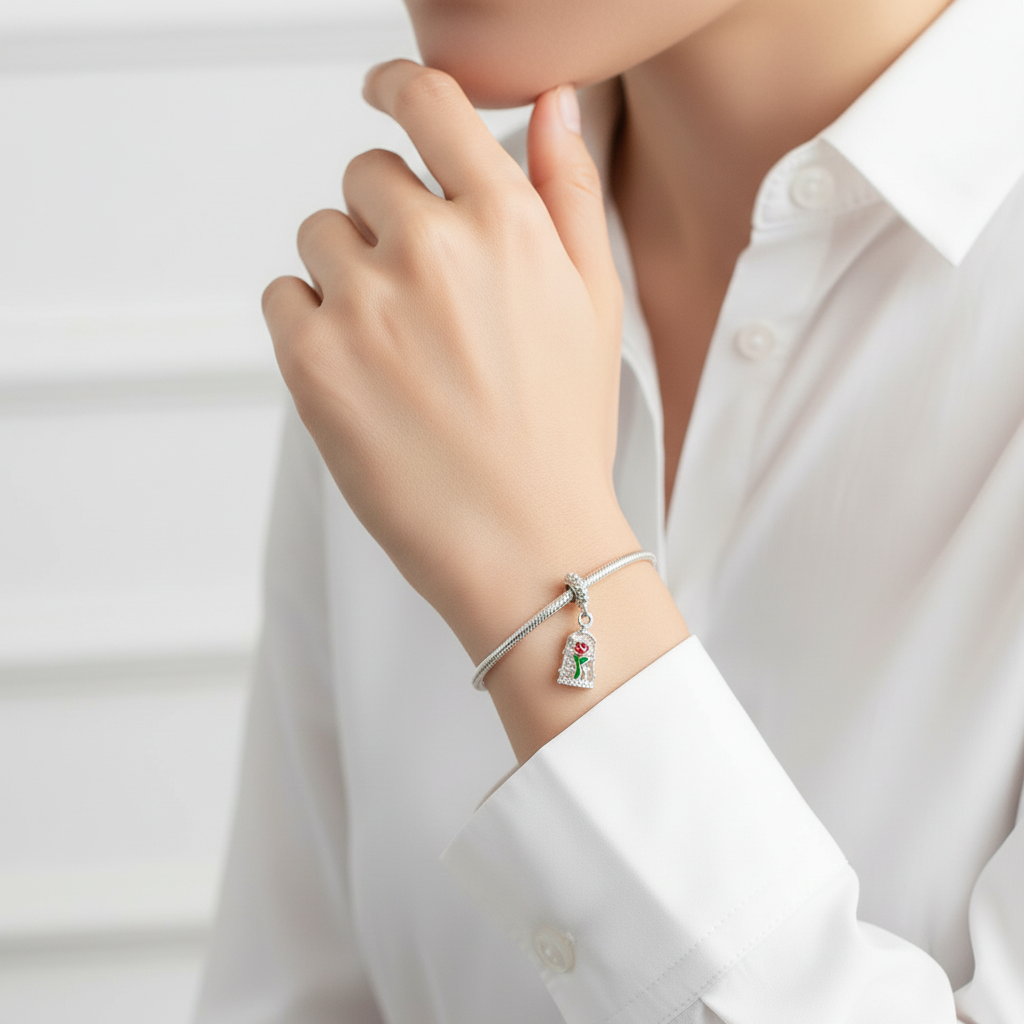 Disney Beauty & Beast Enchanted Rose Dangle Charm Hallmarked S925 Sterling Silver