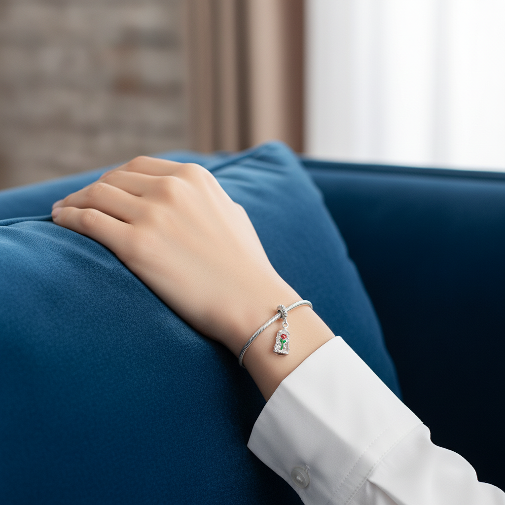 Disney Beauty & Beast Enchanted Rose Dangle Charm Hallmarked S925 Sterling Silver