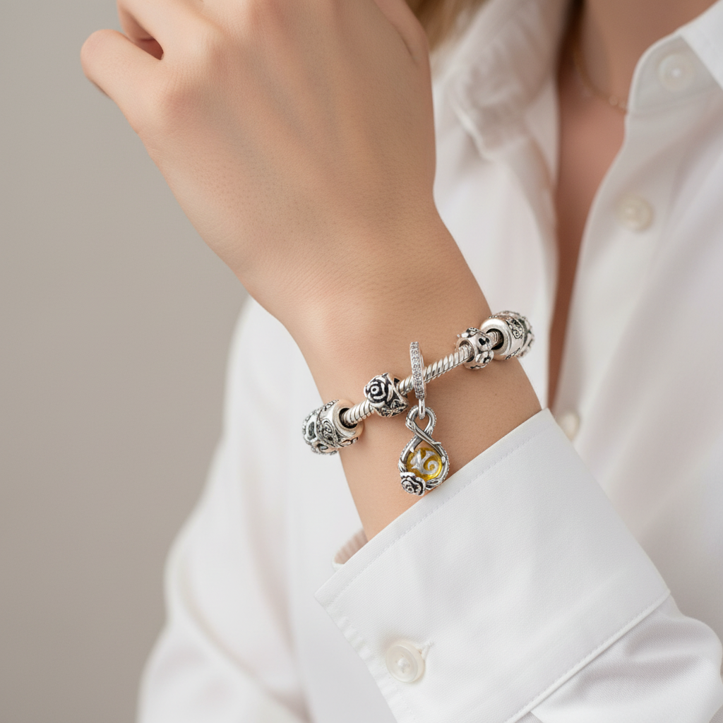 Disney Beauty & Beast Infinity & Rose Flower Dangle Charm Hallmarked S925 Sterling Silver