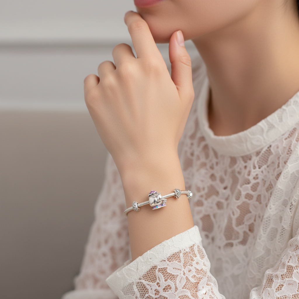 Disney Beauty & Beast Mrs Teapot Charm Hallmarked S925 Sterling Silver