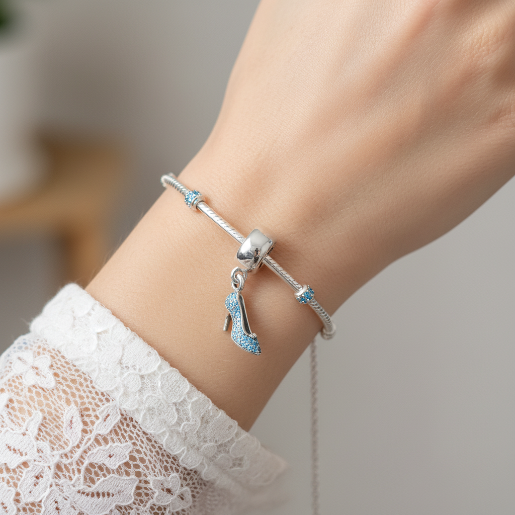 Disney Cinderella Pave Slipper Dangle Charm Hallmarked S925 Sterling Silver