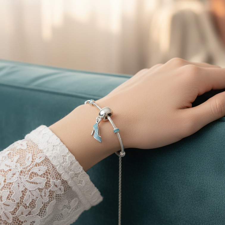 Disney Cinderella Pave Slipper Dangle Charm Hallmarked S925 Sterling Silver