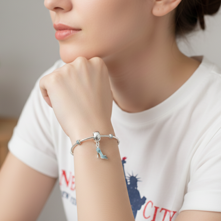 Disney Cinderella Pave Slipper Dangle Charm Hallmarked S925 Sterling Silver