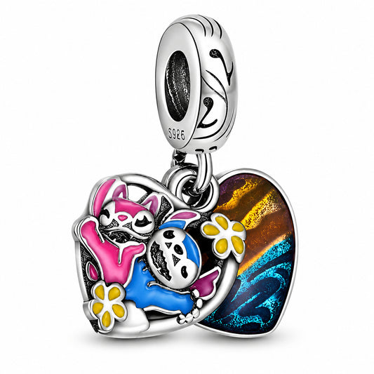 Disney Lilo Stitch-Stitch & Angel Double Dangle Charm Hallmarked S925 Sterling Silver