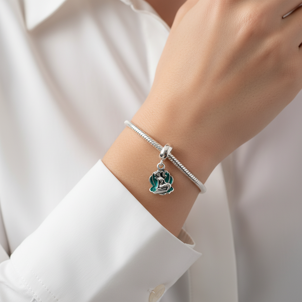 Disney Little Mermaid Ariel & Seashell Dangle Charm Hallmarked S925 Sterling Silver