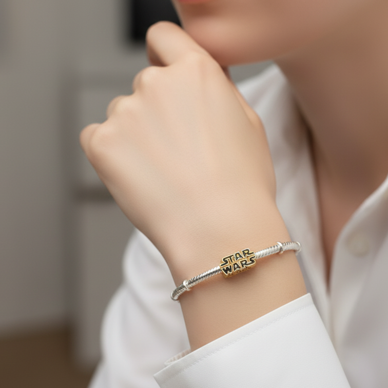 Disney Star War 3D Logo Gold Charm Hallmarked S925 Sterling Silver