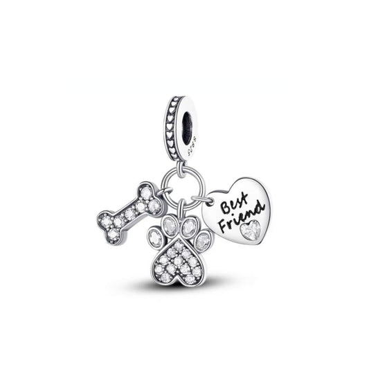 Dog Bone Paw Print Best Friend Charm Hallmarked S925 Sterling Silver