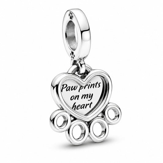 Dog Paw Print & Heart Dangle Charm S925 Sterling Silver