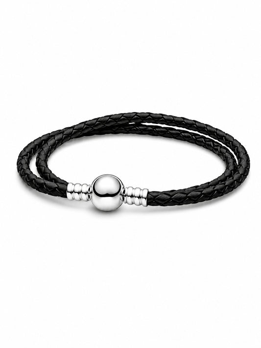 Double Black Leather Bracelet Hallmarked S925 Sterling Silver