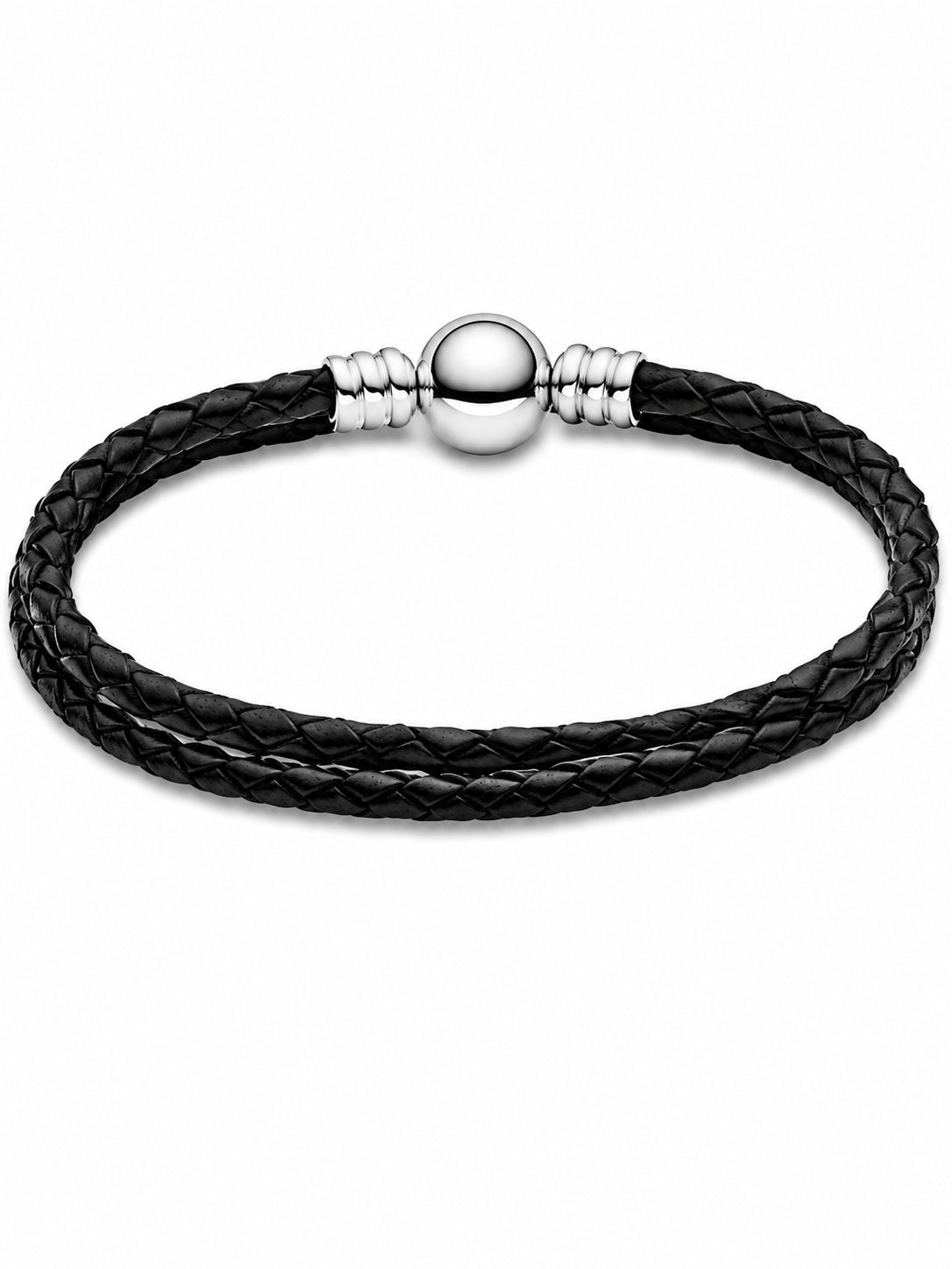 Double Black Leather Bracelet Hallmarked S925 Sterling Silver