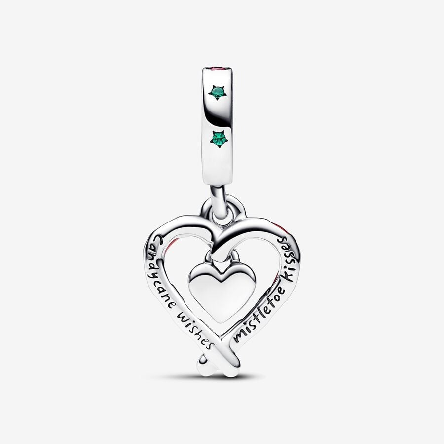 Double Candy Cane Heart Christmas Dangle Charm Hallmarked S925 Sterling Silver