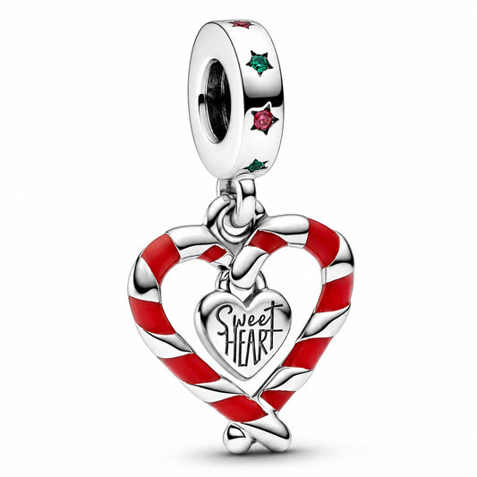 Double Candy Cane Heart Christmas Dangle Charm Hallmarked S925 Sterling Silver