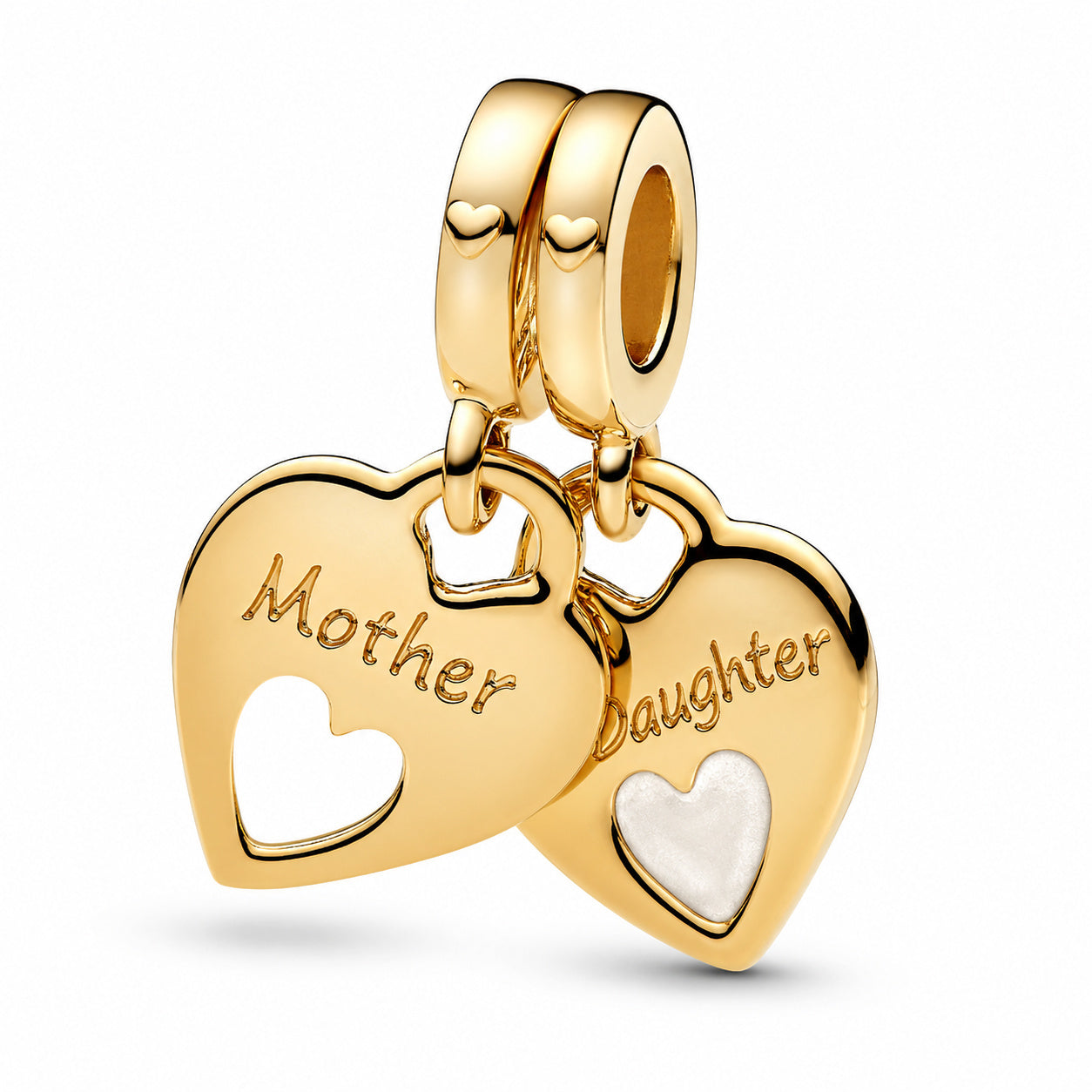Double Heart gold mother daughter Split Dangle Charm Hallmarked S925 Sterling Silver
