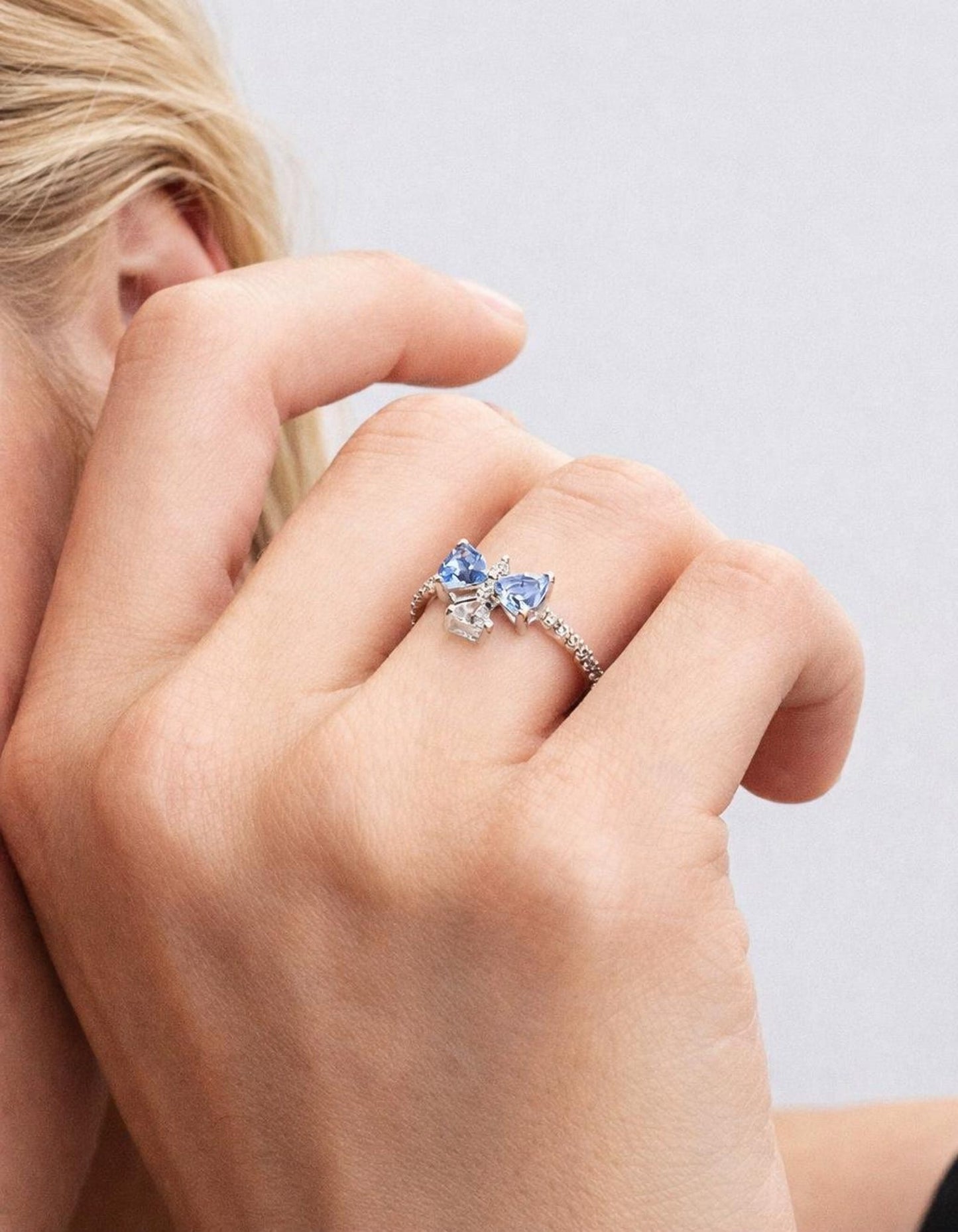 Sparkling White Radiant Bridgerton Blue Bow Ring Sterling Silver Ring