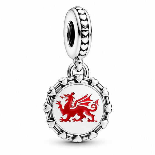 Engravable Welsh Red Dragon Dangle Charm Hallmarked S925 Sterling Silver