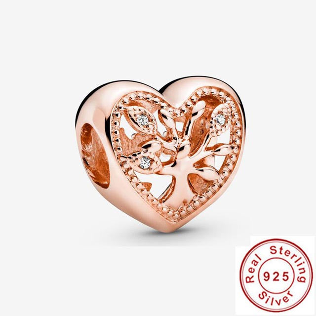 Rose Gold Family Tree Heart Charm Hallmarked S925 Sterling Silver