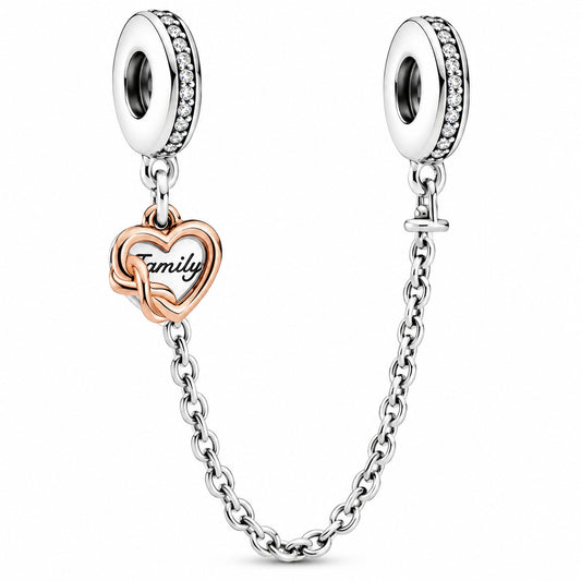 Family Heart Safety Chain Charm Hallmarked S925 Sterling Silver