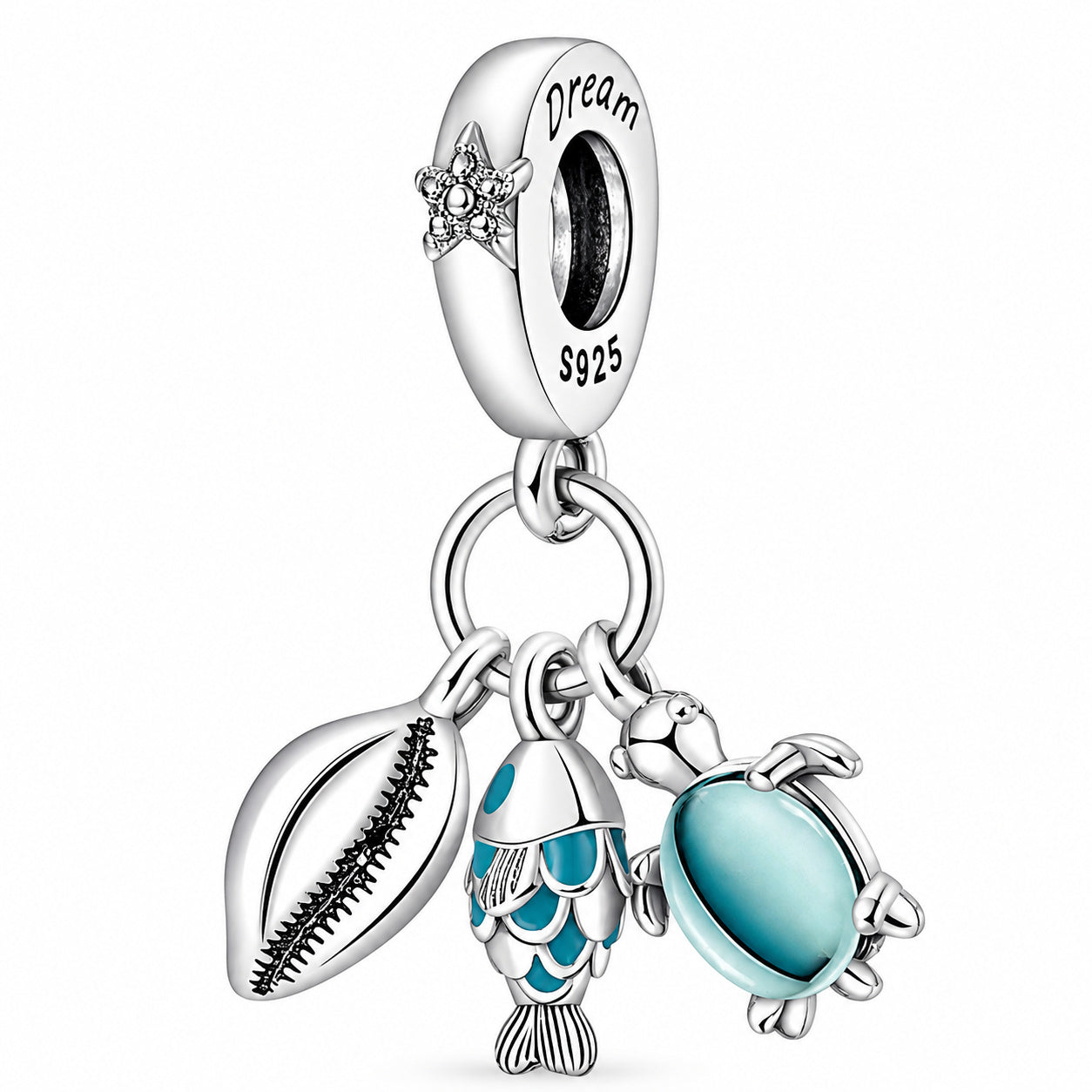 Fish, Sea Turtle & Conch Triple Dangle Charm S925 Sterling Silver